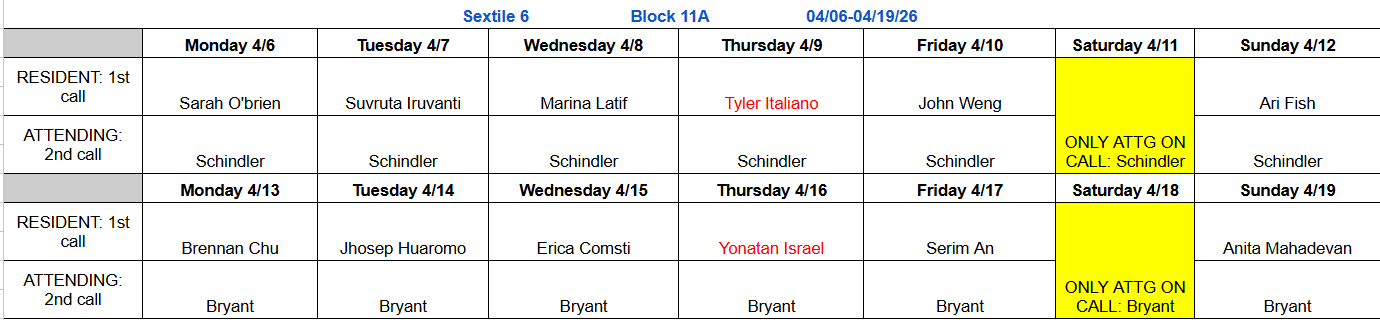 Block 11A - April 6-19, 2026 (updated 4.8.26)