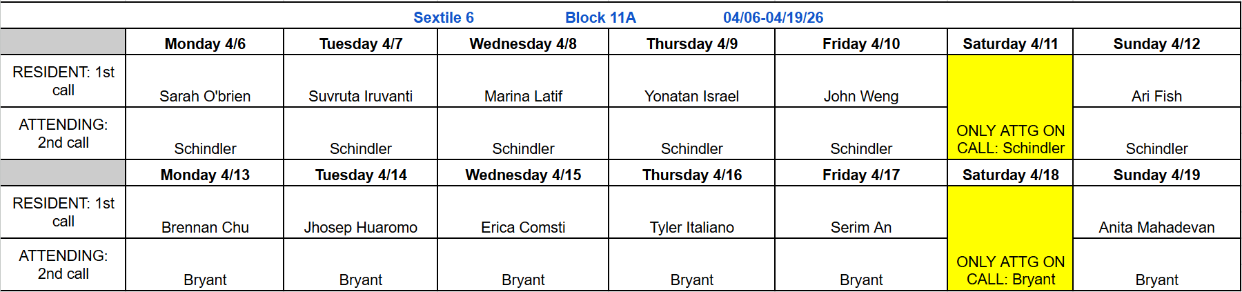 Block 11A - April 6-19, 2026 (updated 7.3.25)