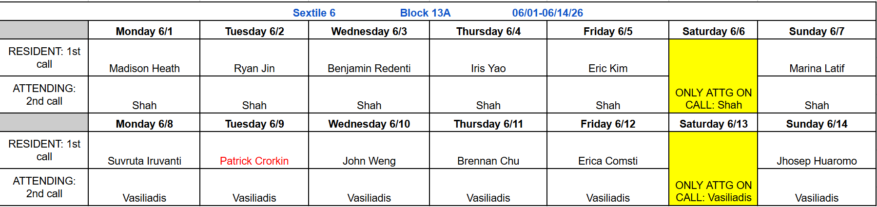 Block 13A - June 1-14, 2026 (updated 6.4.26)