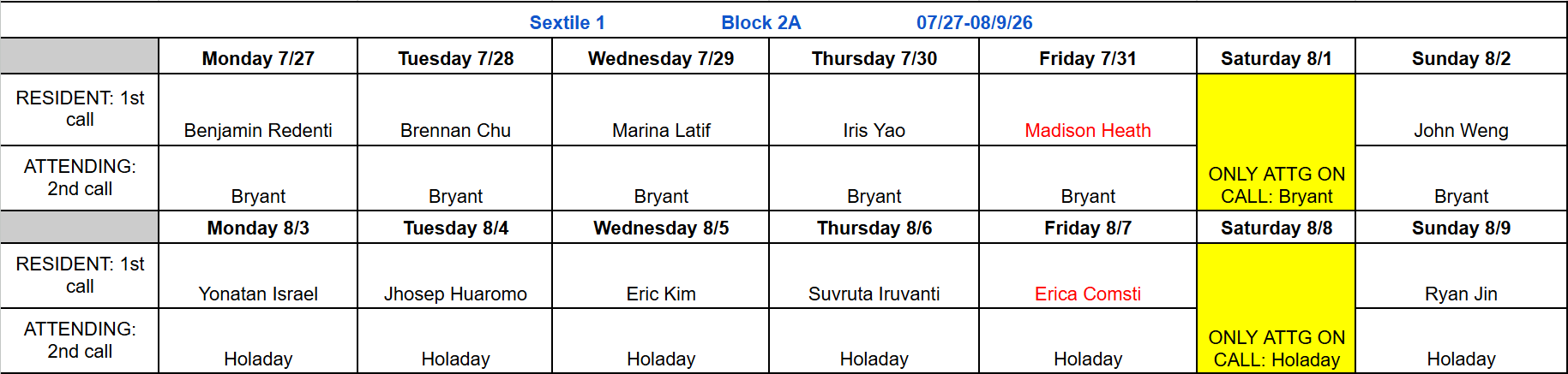 Block 2A - July 27 - Aug 9, 2026 (updated 7.28.26)