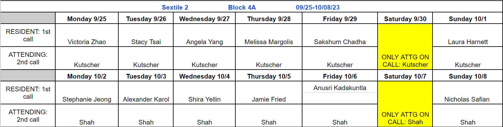 Block 4A - Sept 29 - Oct 8, 2023 (updated 9.25.2023)